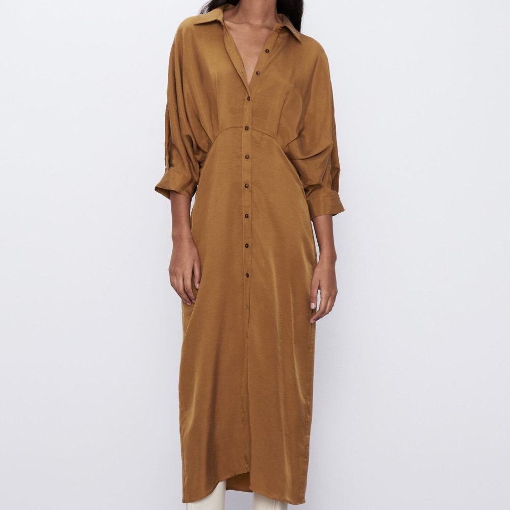 Zara PLEATED SHIRT DRESS TRF-Toffee-7385/105-tence